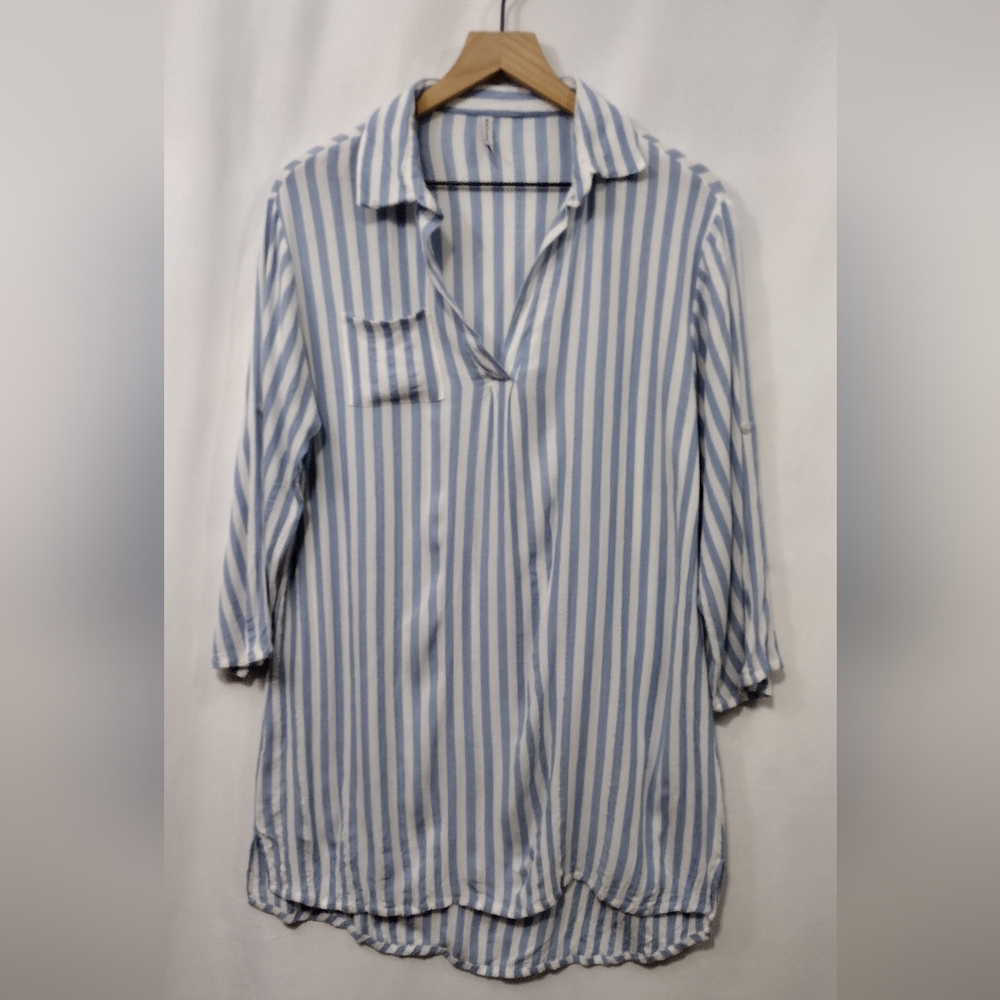 Raviya Stripped Tunic Shirt Women's S White Blue Boho Retro Casual Comfy - Picture 3 of 11